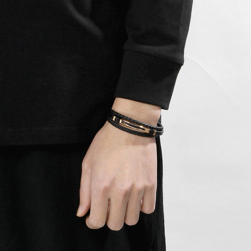Kemstone Layered Braided Black Leather Bracelet for Men Titanium Steel Accent KB180741-JR