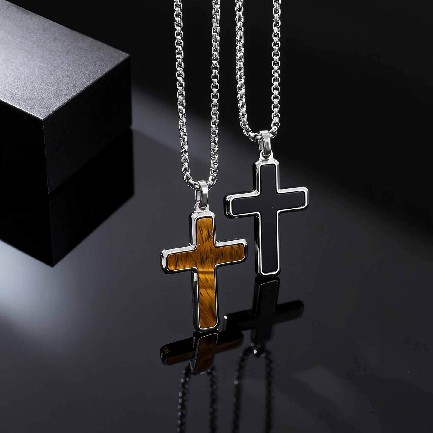Kemstone Stainless Steel Cross Pendant Necklace – Tiger Eye & Turquoise Inlay for Men PN-2224