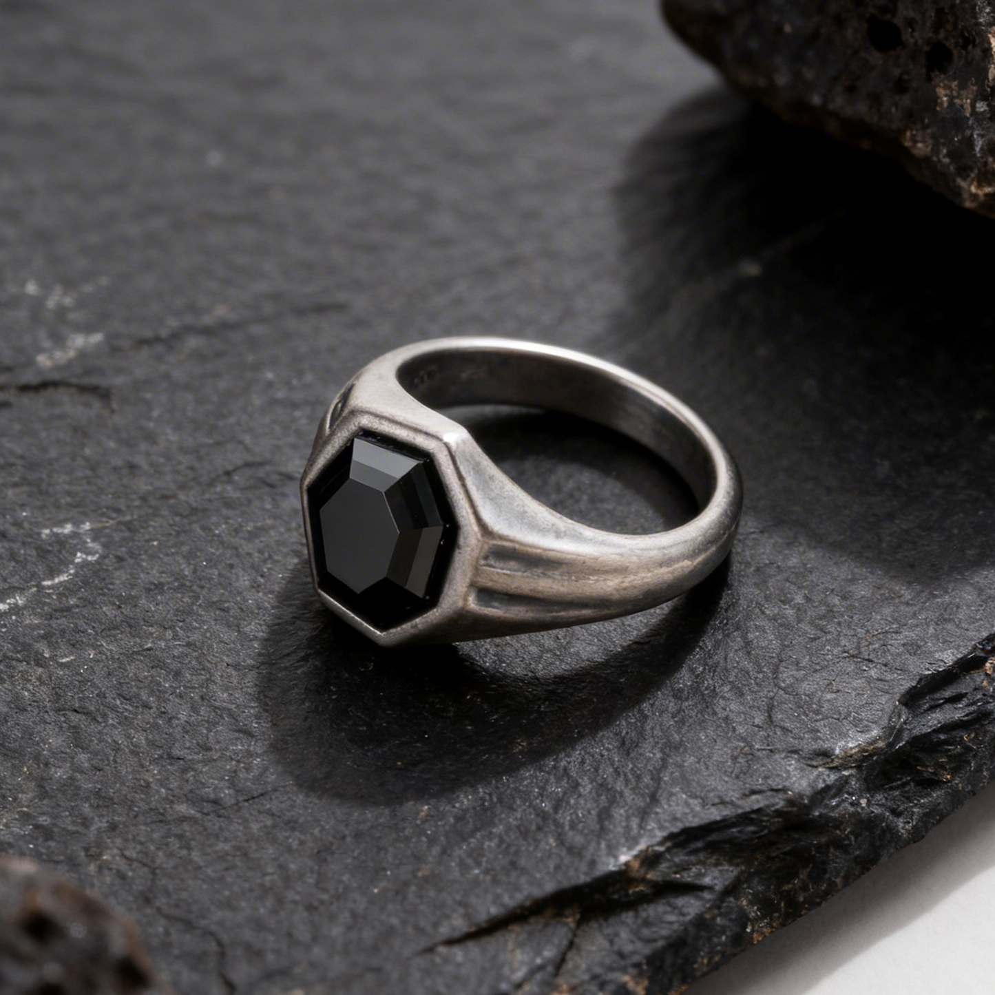 Kemstone Stainless Steel Hexagon Black Zircon Ring for Men RC-985
