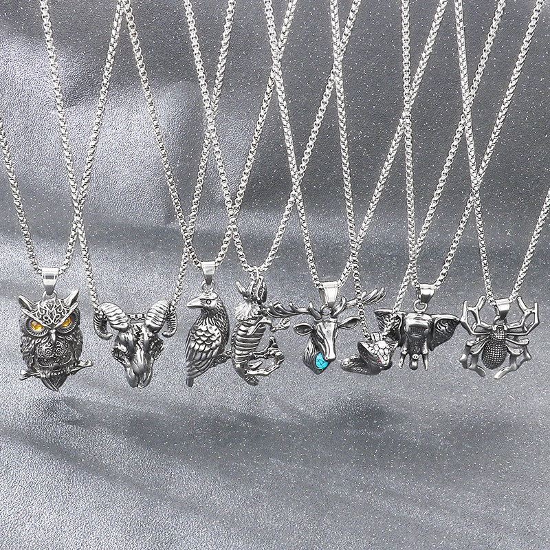 Kemstone Pendant Necklace for Men Titanium Steel Gothic Animal Pendant Snake Spider Skull Silver KP117040-LU