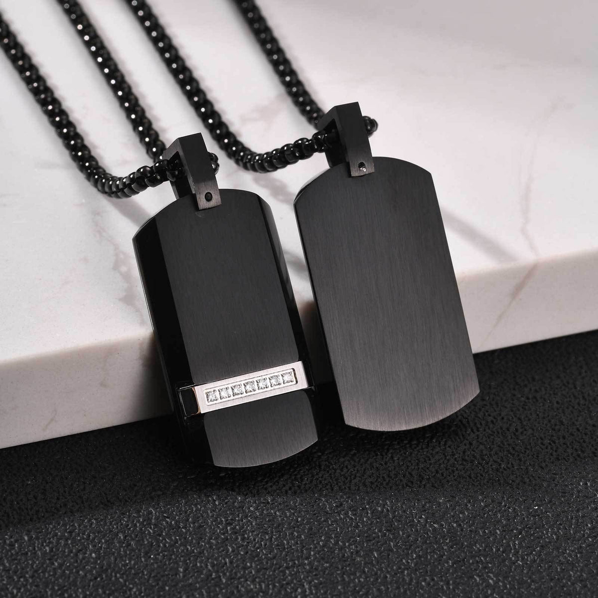 Kemstone Black Rectangular Pendant Necklace for Men Stainless Steel Cubic Zirconia Detail Punk Style PN-240