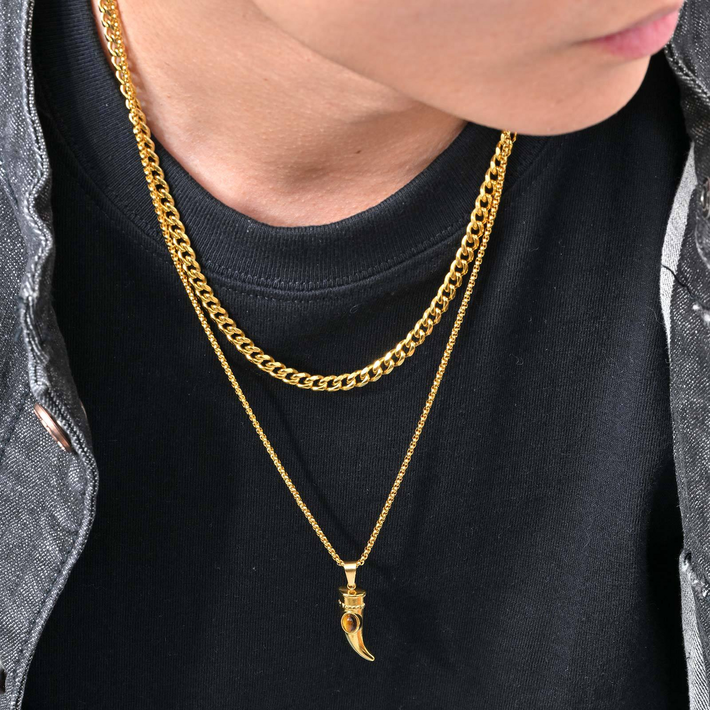 Kemstone Stainless Steel Hamsa Hand Tiger Eye Horn Pendant Necklace – Layered Design for Men & Women PN-2332