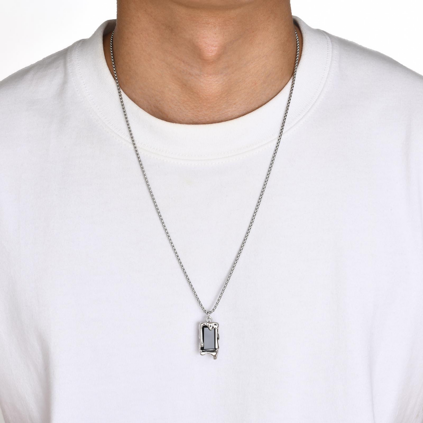 Kemstone Men’s Silver Geometric Pendant Necklace with Black Enamel PNB-192