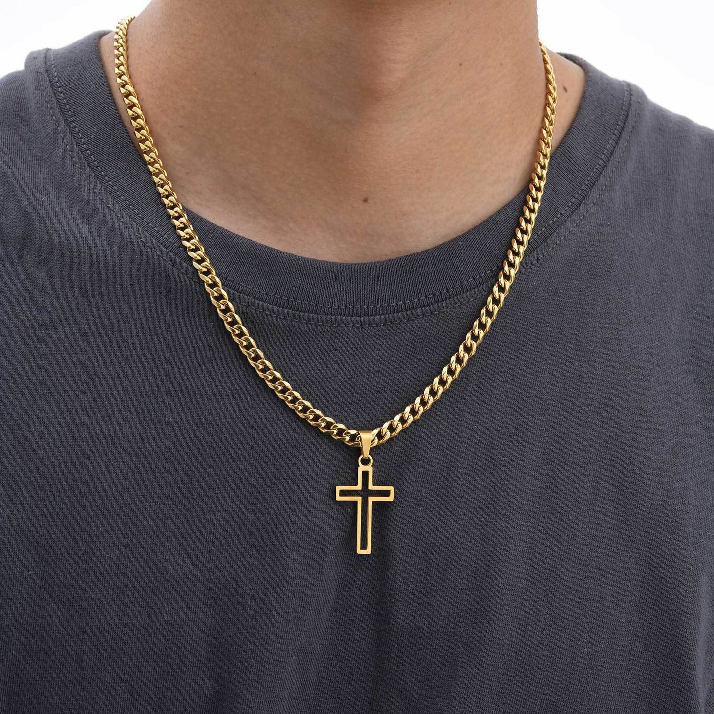 Kemstone Men’s Stainless Steel Hollow Cross Necklace – Cuban Chain PN-1531