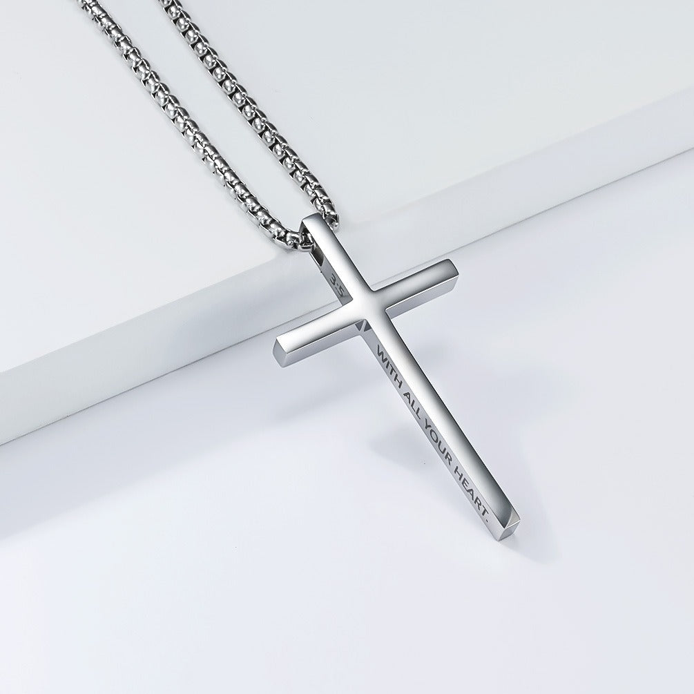Kemstone Stainless Steel Engraved Cross Pendant Necklace for Men Minimalist Bar Chain K-PT670