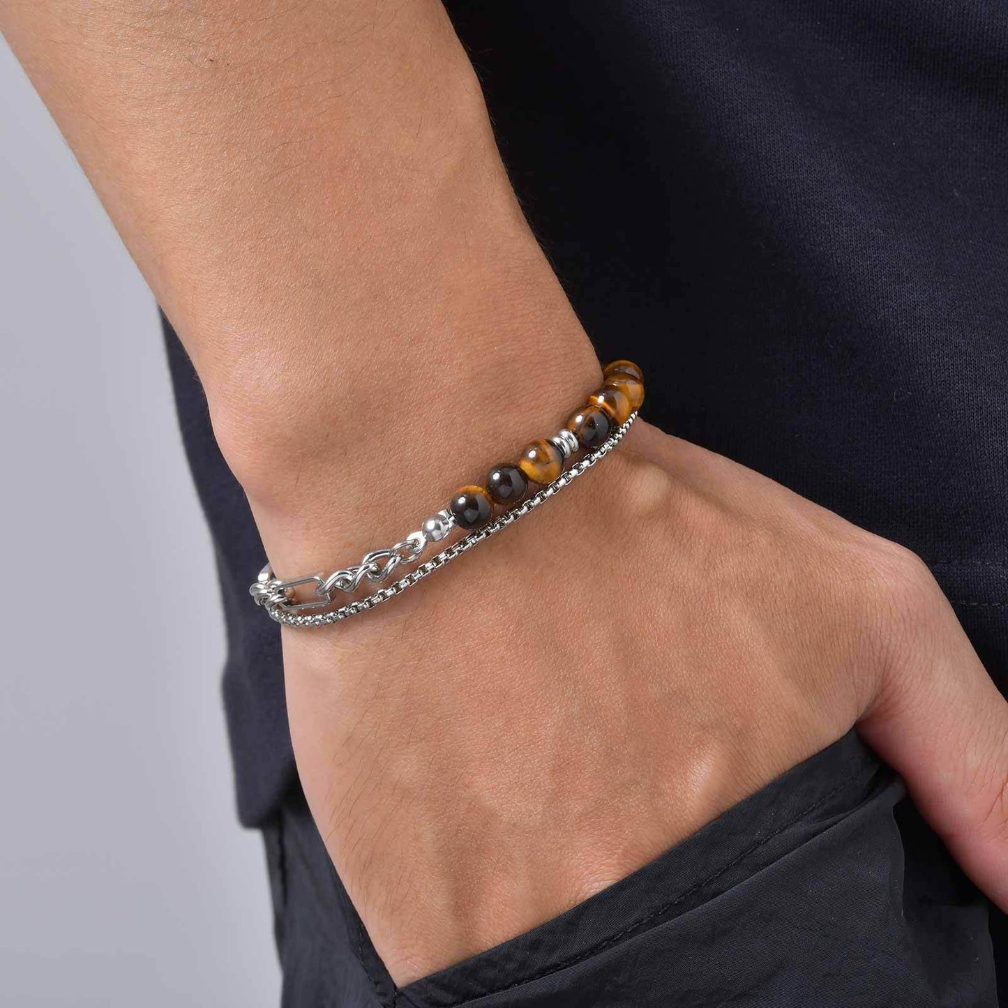 Kemston Stone Bead Bracelet for Men Stainless Steel Layered Design BR-2935