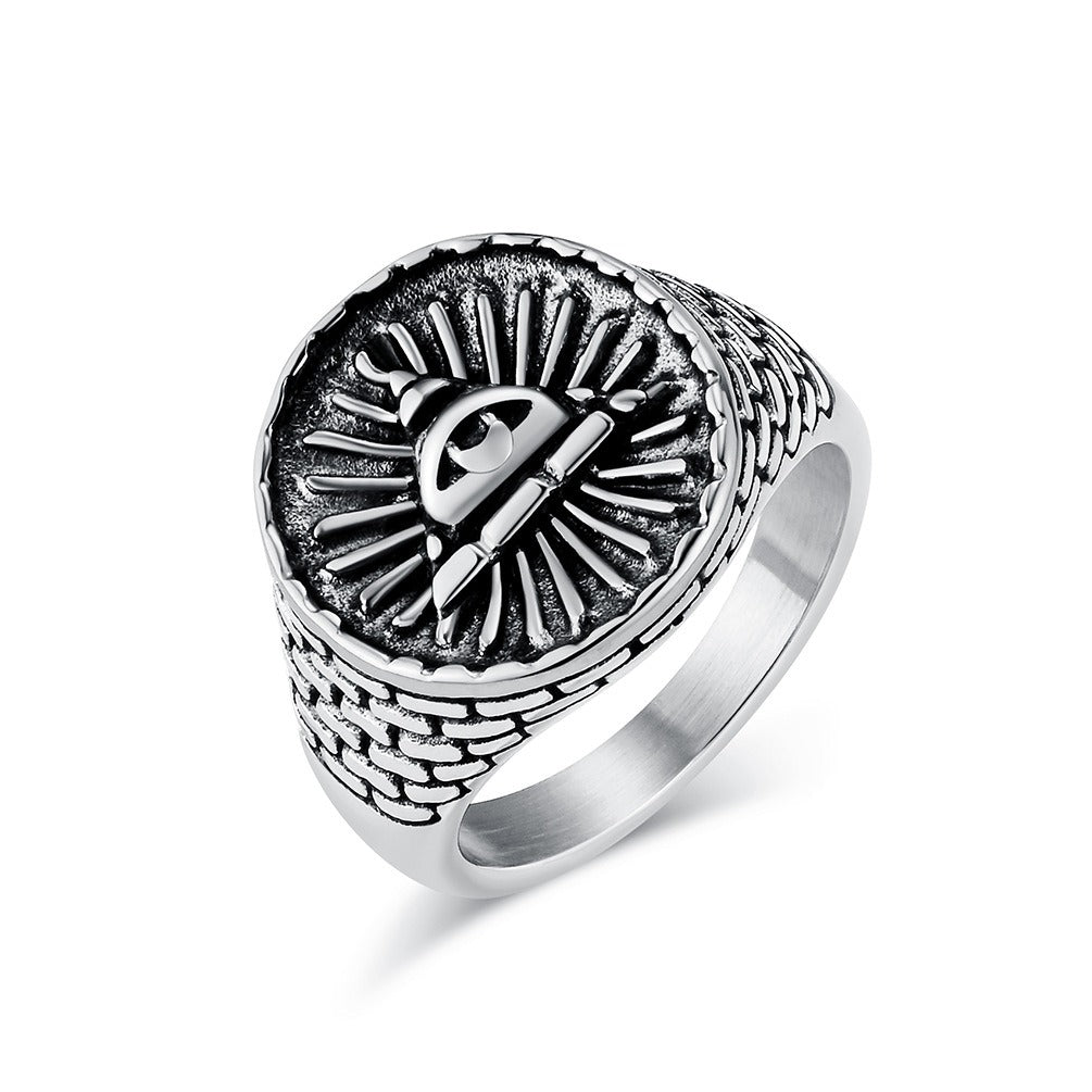 Kemstone Stainless Steel Triangle Eye Signet Ring for Men Vintage Textured K-R852