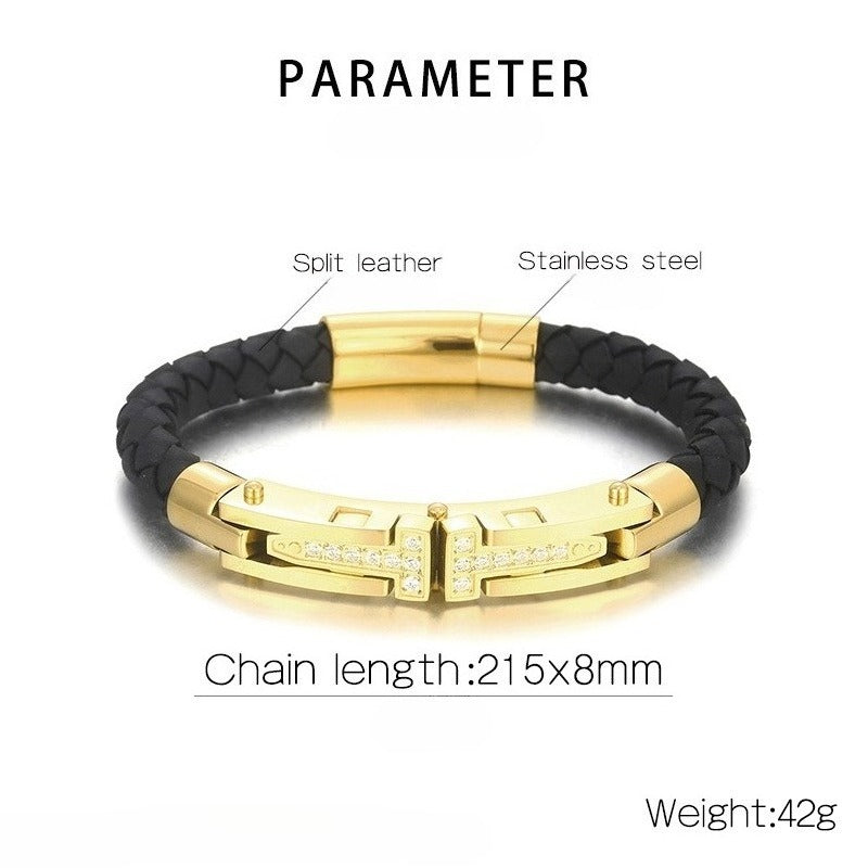 Kemston T-Bar Braided Leather Bracelet for Men Titanium Steel Stone Accent Gold Silver KB163596-KFC