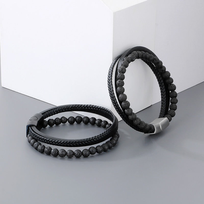 Kemstone Volcanic Rock Bracelet for Men Leather Stainless Steel Multi Layer KB180736-JR