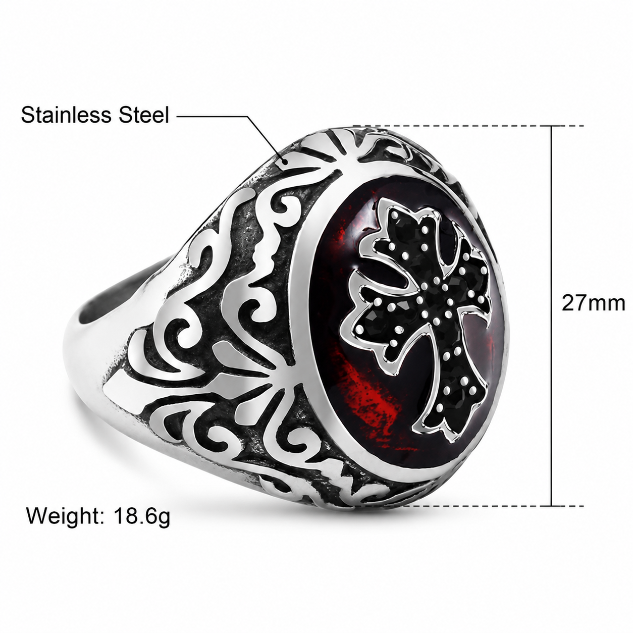 Kemstone Cross Signet Ring for Men Stainless Steel Red Accent Gothic Vintage TR0074