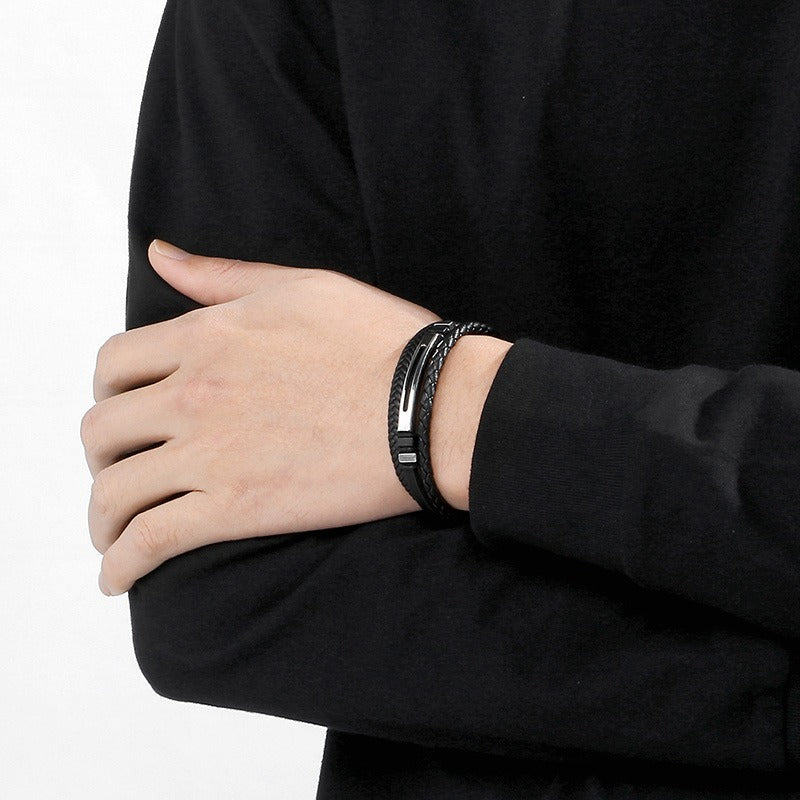 Kemstone Layered Braided Black Leather Bracelet for Men Titanium Steel Accent KB180741-JR