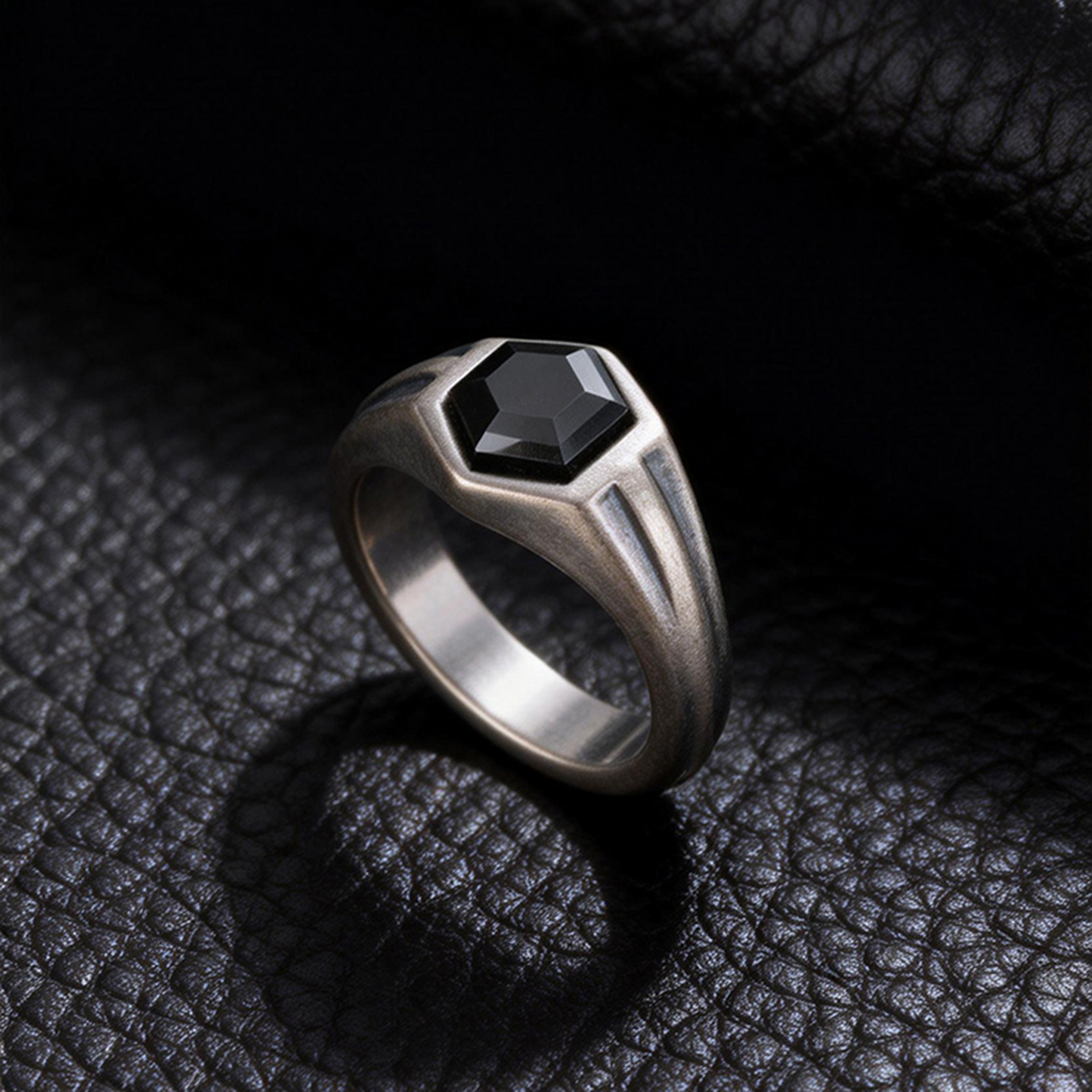 Kemstone Stainless Steel Hexagon Black Zircon Ring for Men RC-985