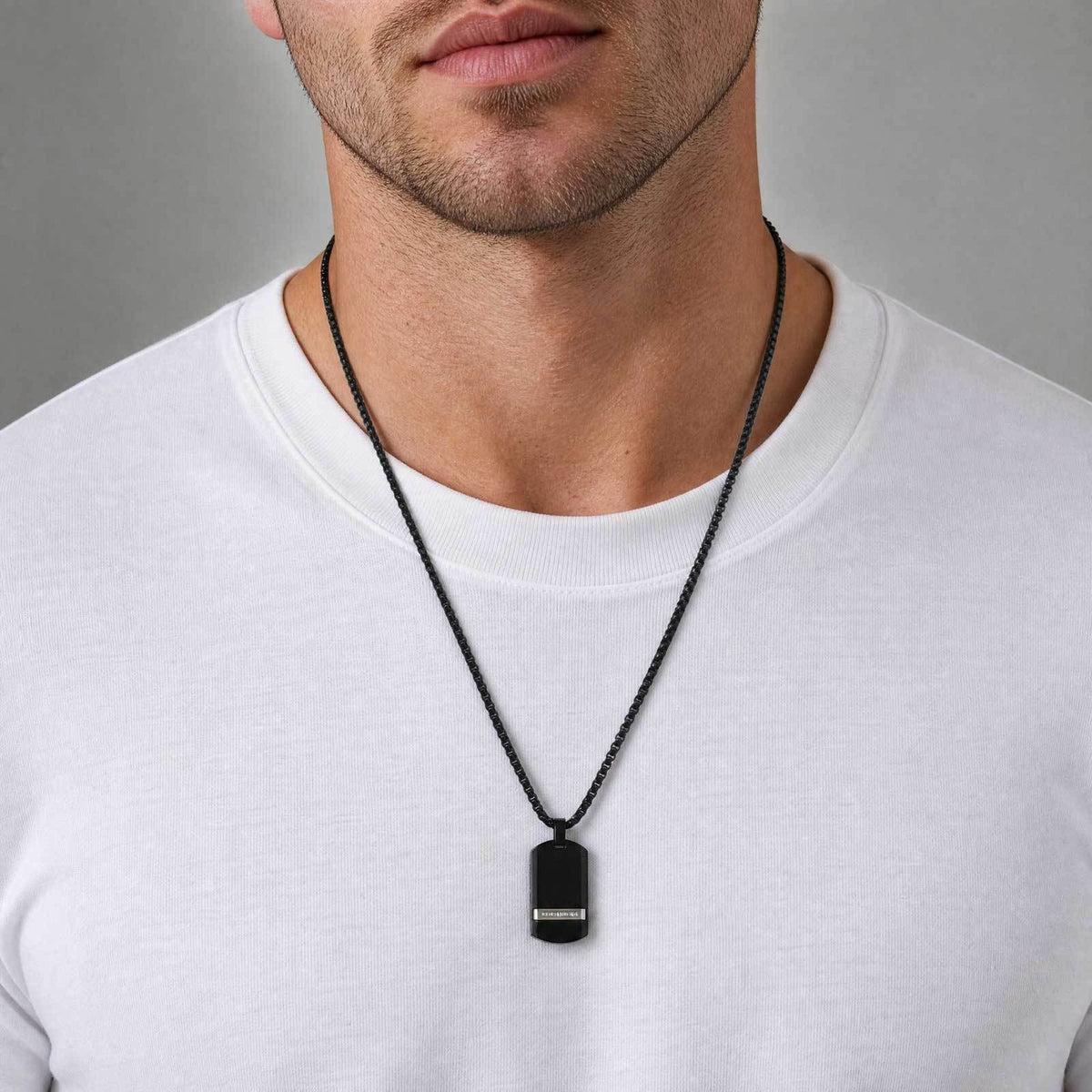 Kemstone Black Rectangular Pendant Necklace for Men Stainless Steel Cubic Zirconia Detail Punk Style PN-240