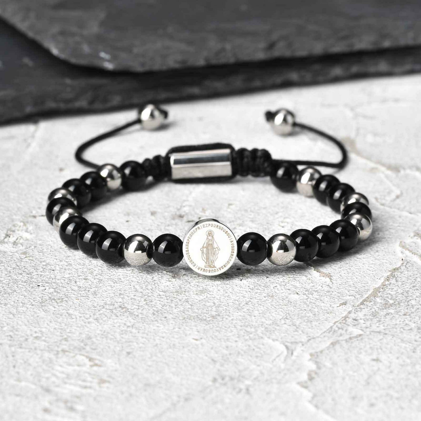 Kemstone Stainless Steel Engraved Coin Beaded Bracelet for Men – Natural Stone Adjustable BR-2354