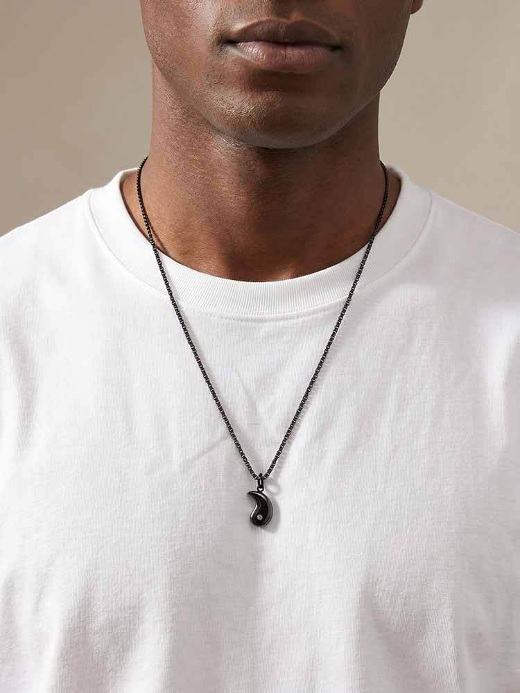 Kemstone Stainless Steel Bagua Yin Yang Cubic Zirconia Pendant Necklace for Men Women Black Silver Geometry CN-154