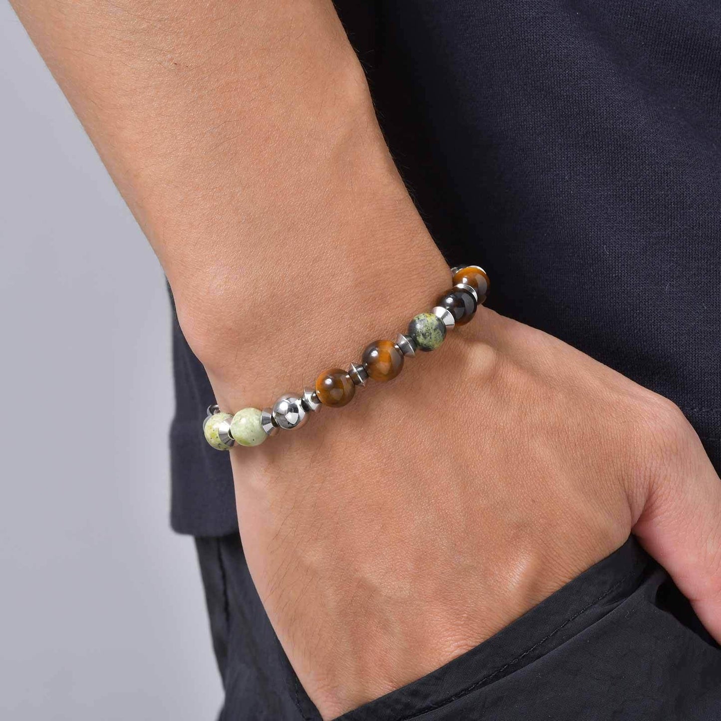 Kemston Stone Bead Bracelet for Men Stainless Steel Layered Design BR-2935