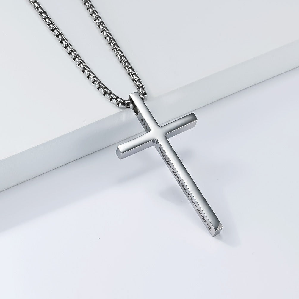 Kemstone Stainless Steel Engraved Cross Pendant Necklace for Men Minimalist Bar Chain K-PT670