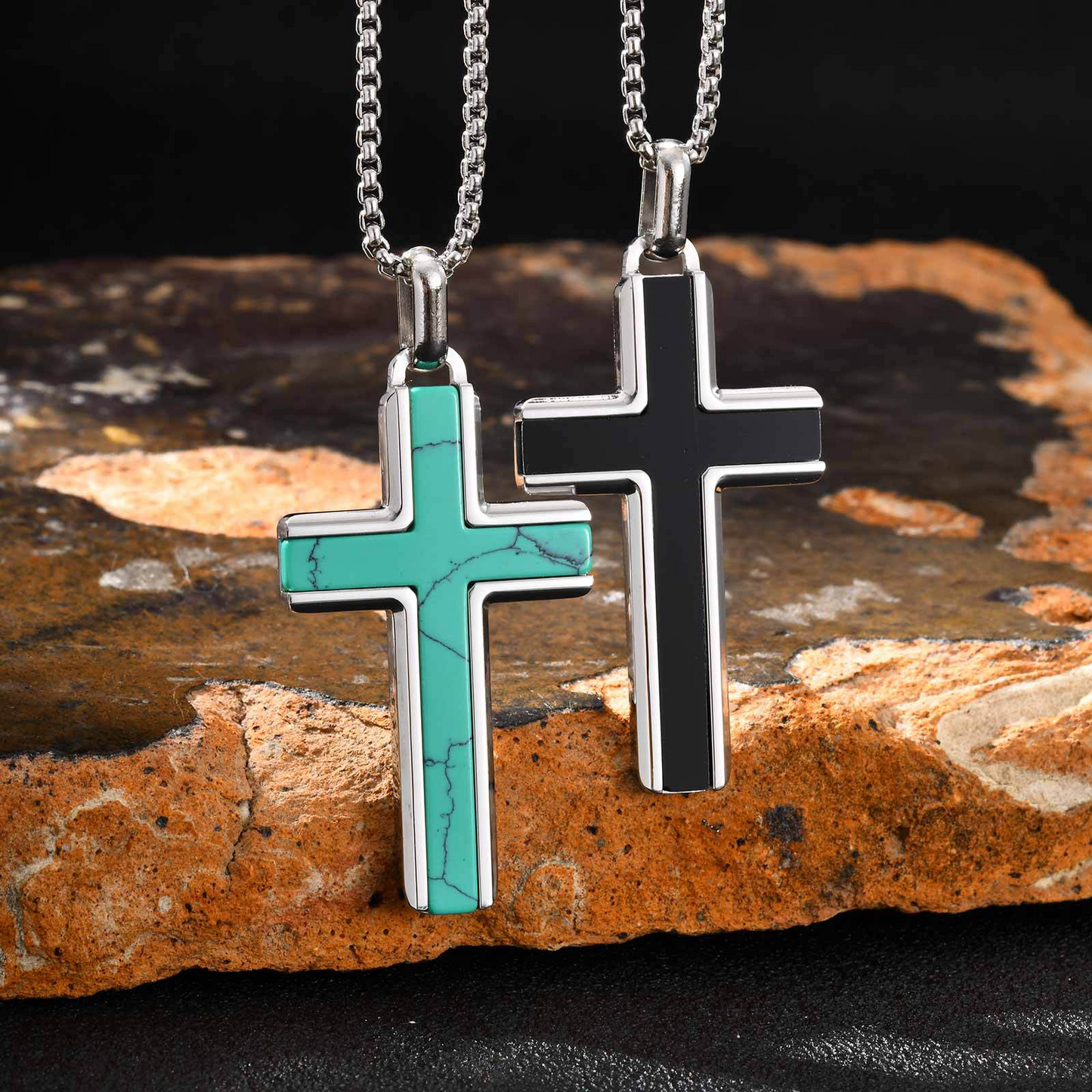 Kemstone Stainless Steel Cross Pendant Necklace – Tiger Eye & Turquoise Inlay for Men PN-2224