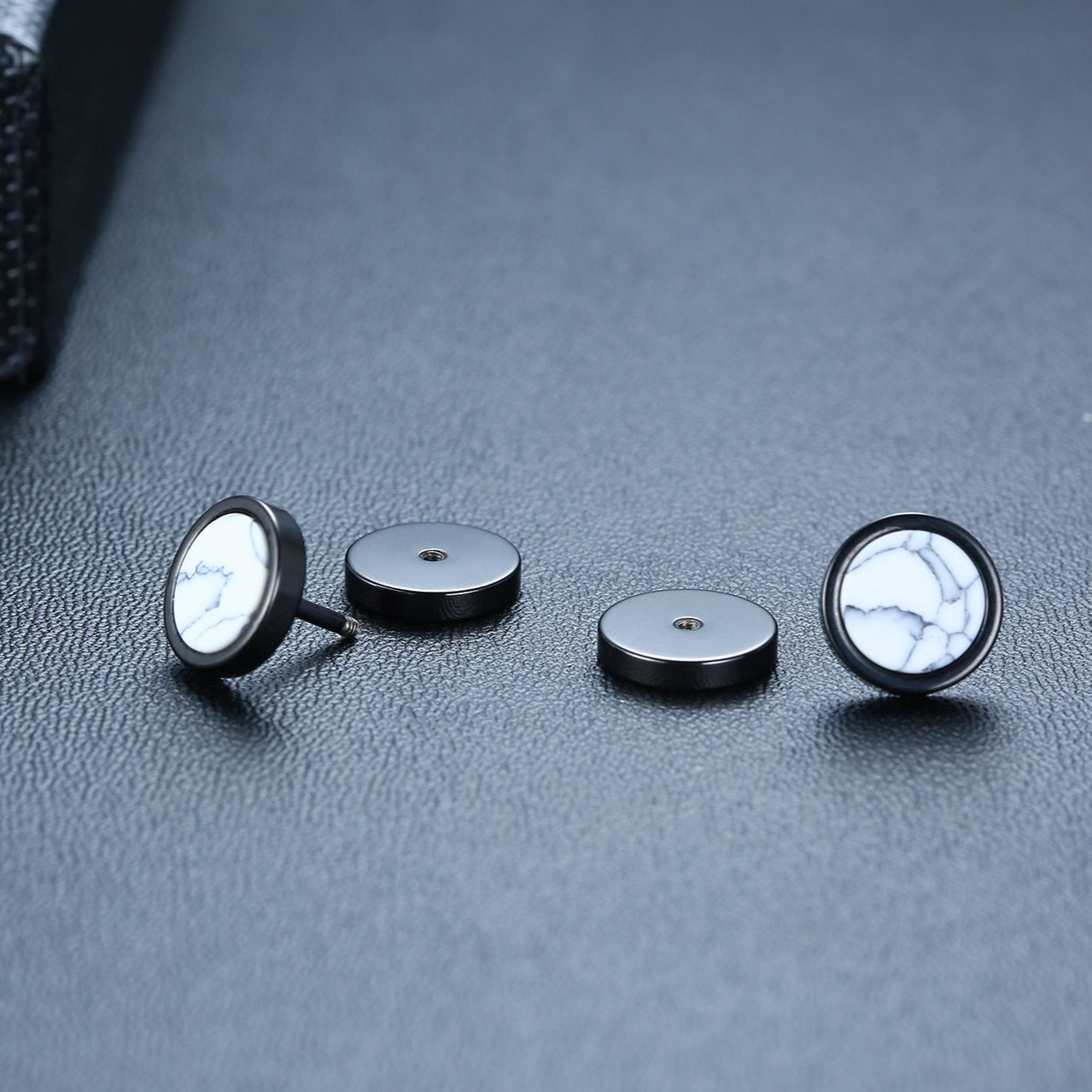 Kemstone Stud Earrings for Men Stainless Steel Round Stone Detail Black ES-302