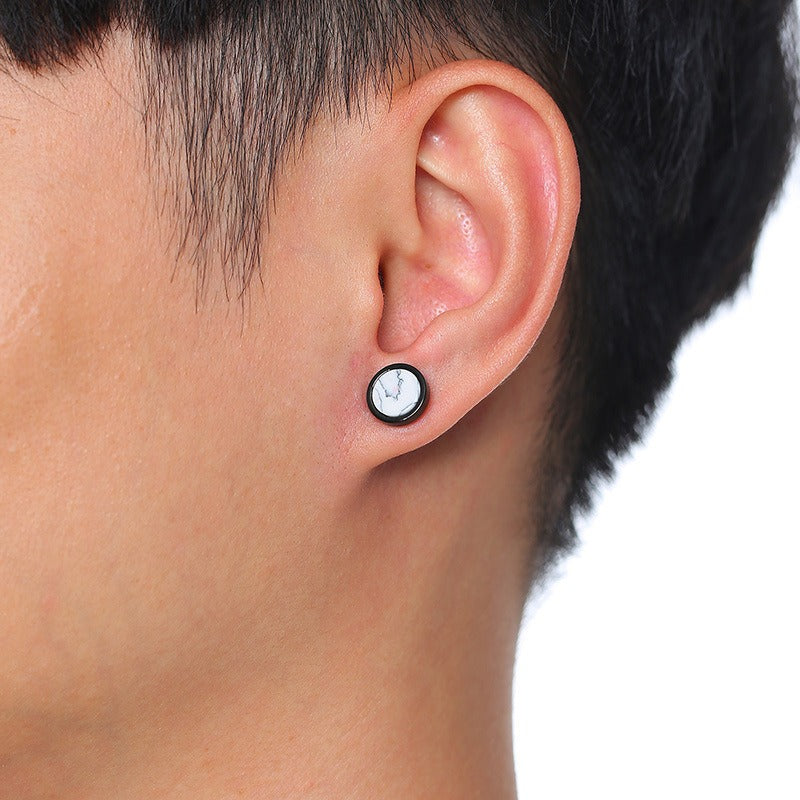 Kemstone Stud Earrings for Men Stainless Steel Round Stone Detail Black ES-302