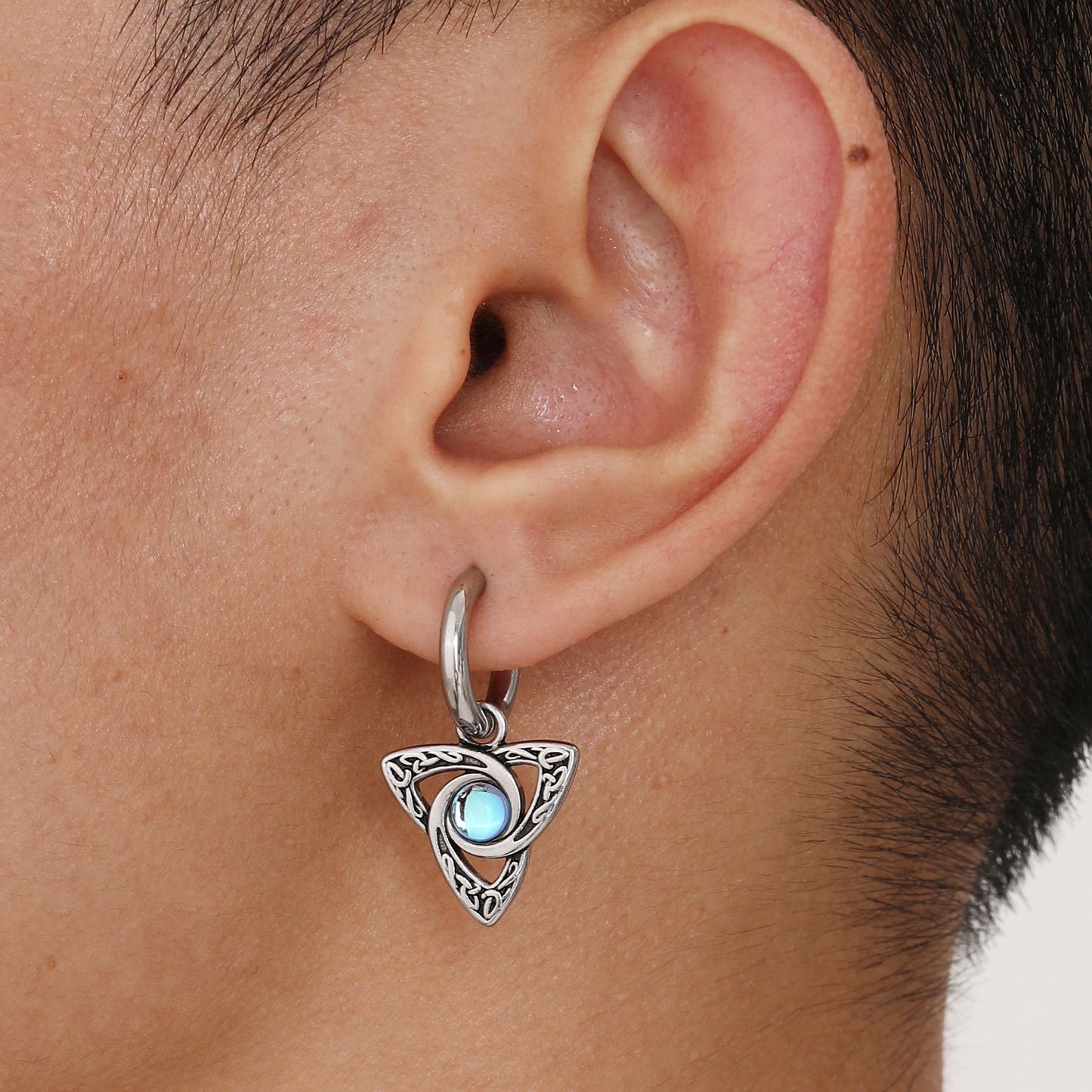 Kemstone Celtic Stainless Steel Moonstone Hoop Earring for Men – Gothic Star & Triquetra Drop Design 769
