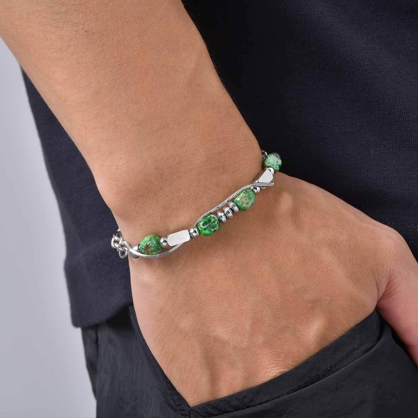Kemston Stone Bead Bracelet for Men Stainless Steel Layered Design BR-2935