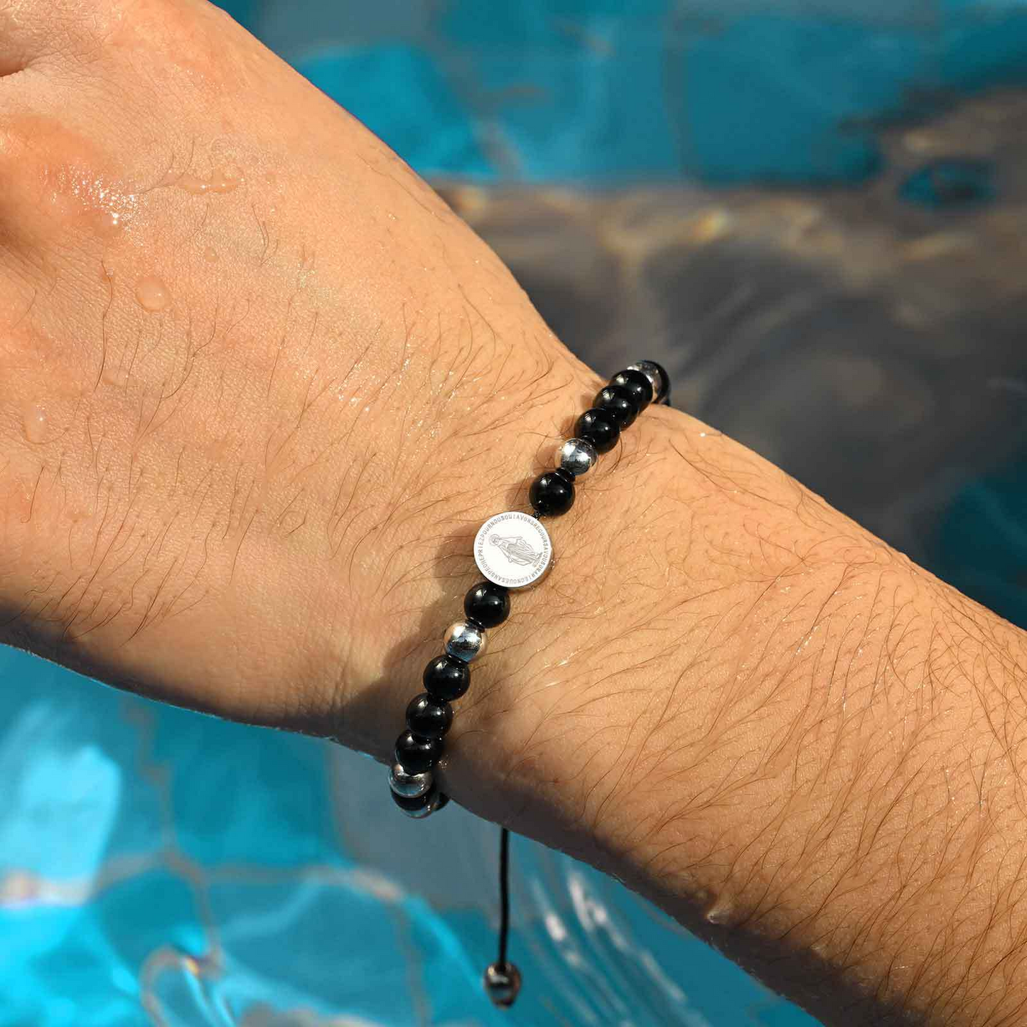 Kemstone Stainless Steel Engraved Coin Beaded Bracelet for Men – Natural Stone Adjustable BR-2354