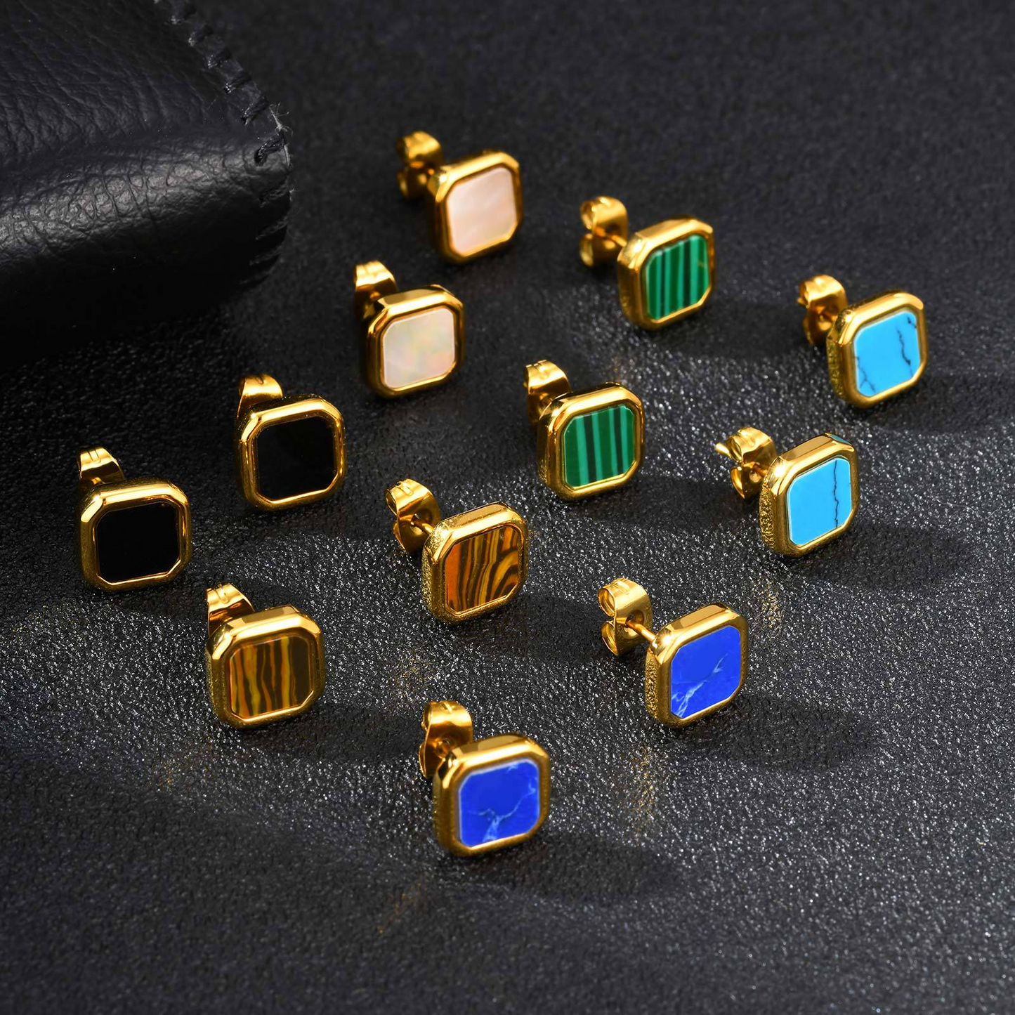 Kemstone Stainless Steel Square Stud Earrings – Shell, Tiger’s Eye, Malachite, Turquoise  for Men & Women ES-728