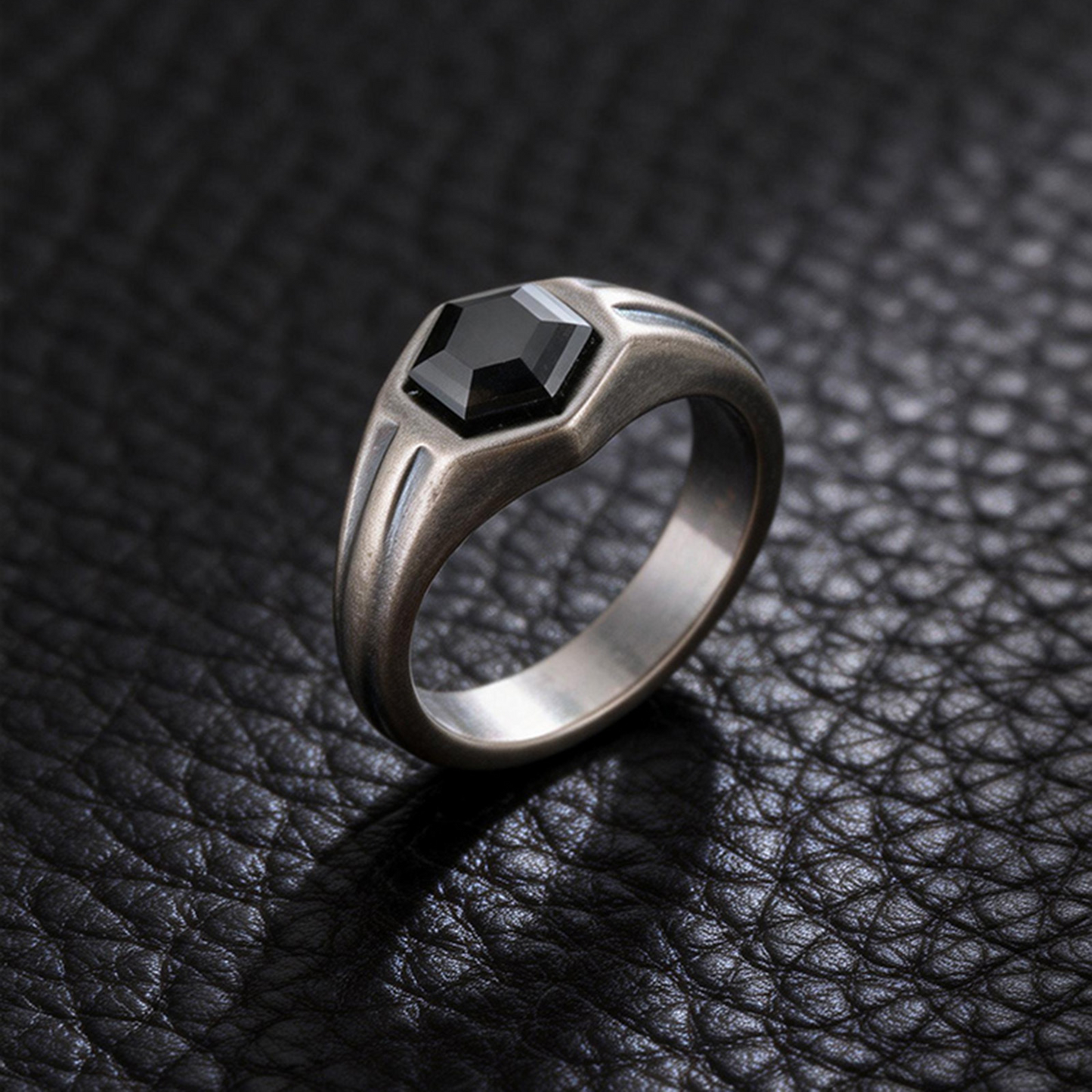 Kemstone Stainless Steel Hexagon Black Zircon Ring for Men RC-985