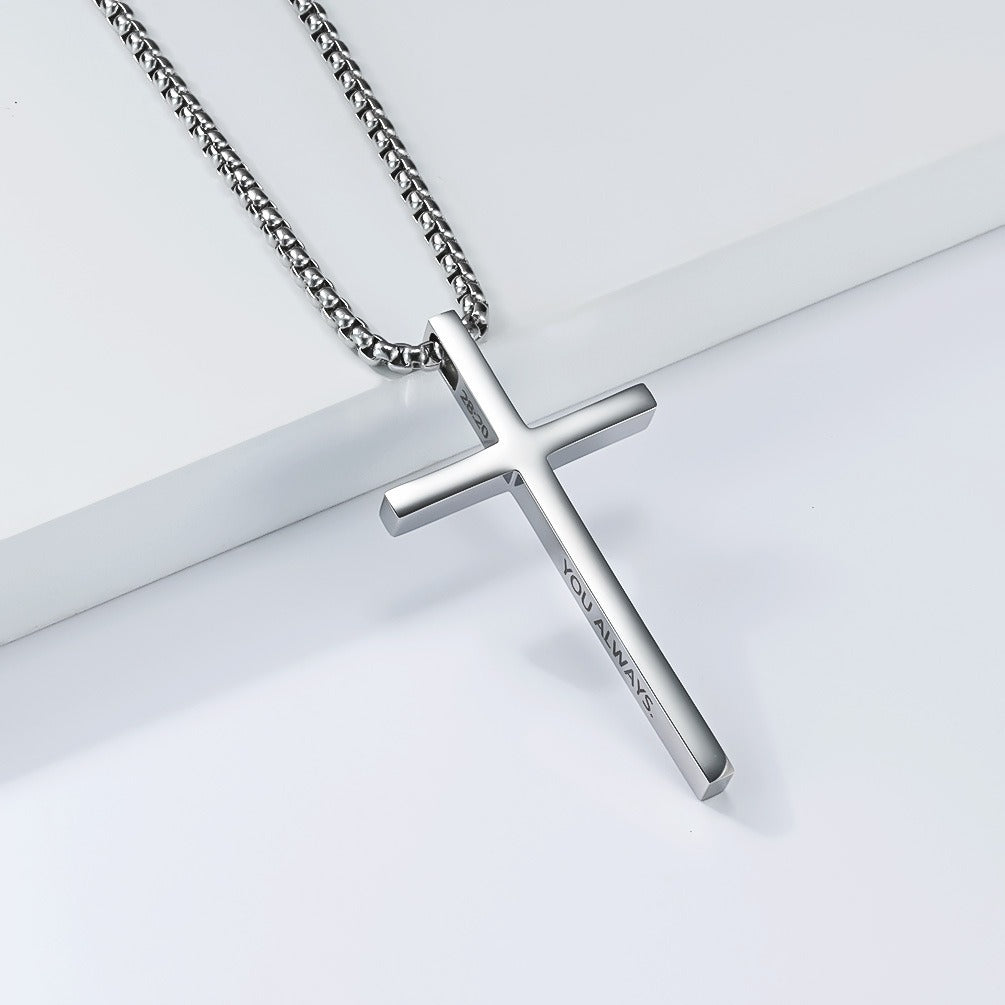 Kemstone Stainless Steel Engraved Cross Pendant Necklace for Men Minimalist Bar Chain K-PT670