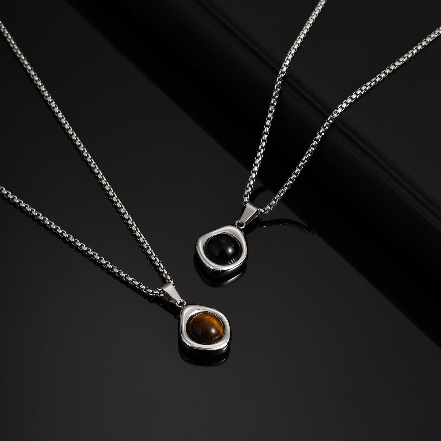 Kemstone Men’s Stainless Steel Necklace – Irregular Natural Stone Pendant Tiger Eye / Onyx / Turquoise PN-2189