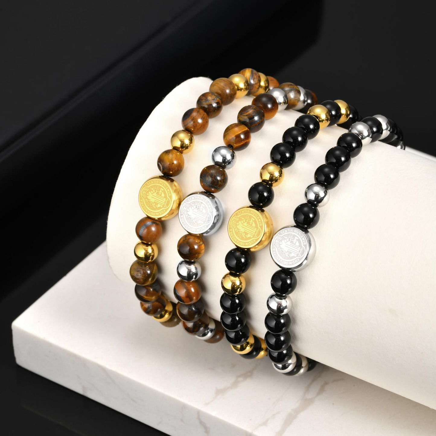 Kemstone Stainless Steel Engraved Coin Beaded Bracelet for Men – Natural Stone Adjustable BR-2354