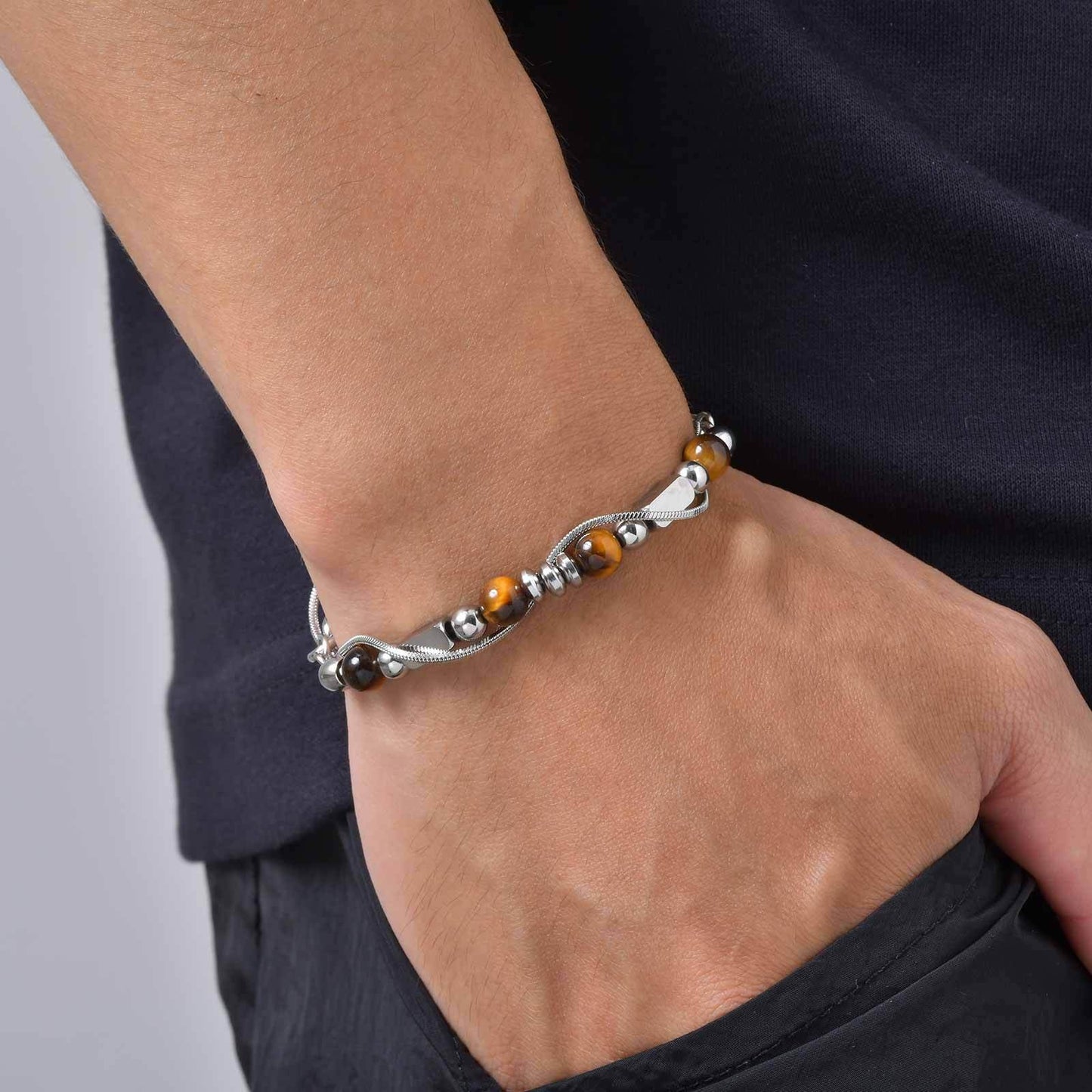 Kemston Stone Bead Bracelet for Men Stainless Steel Layered Design BR-2935
