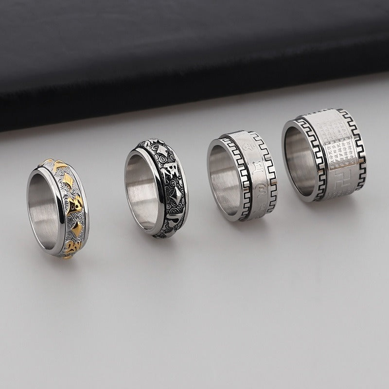 Kemstone Rotating Mantra Ring - Stainless Steel Hexagram Engraved Band with Textured Edges for Stress Relief & Positive Flow KR37988-K