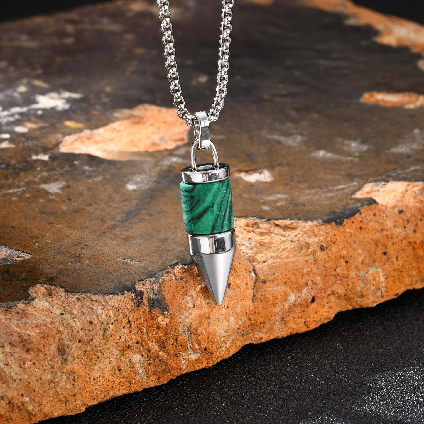 Kemstone Stainless Steel Cylinder Pendant Necklace – Stone Inlay Style for Men PN-2228
