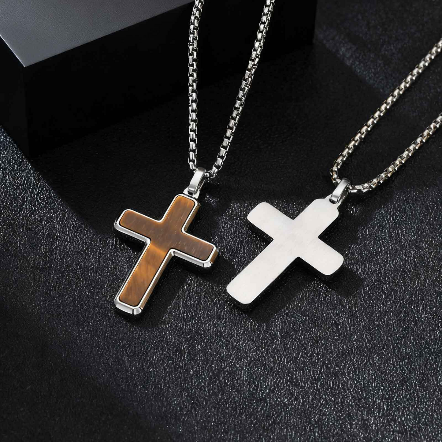 Kemstone Stainless Steel Cross Pendant Necklace – Tiger Eye & Turquoise Inlay for Men PN-2224