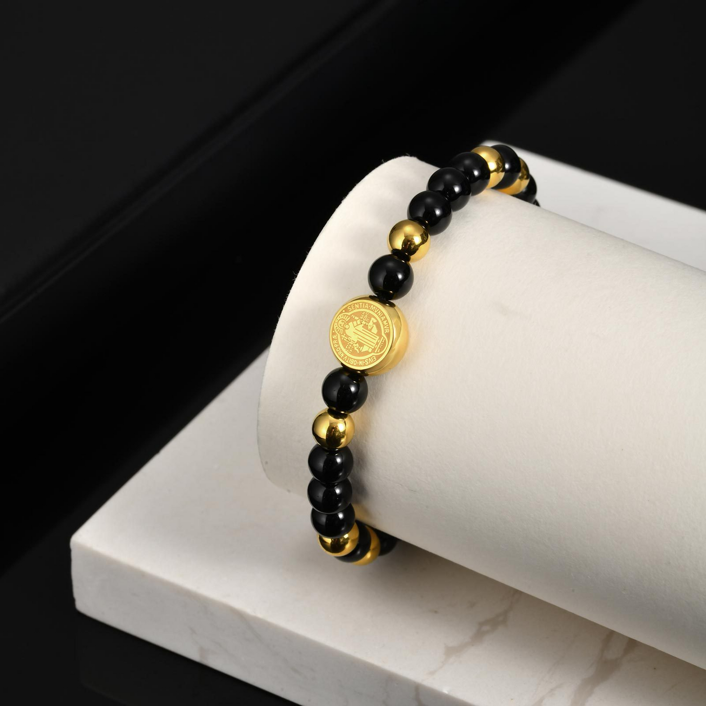 Kemstone Stainless Steel Engraved Coin Beaded Bracelet for Men – Natural Stone Adjustable BR-2354