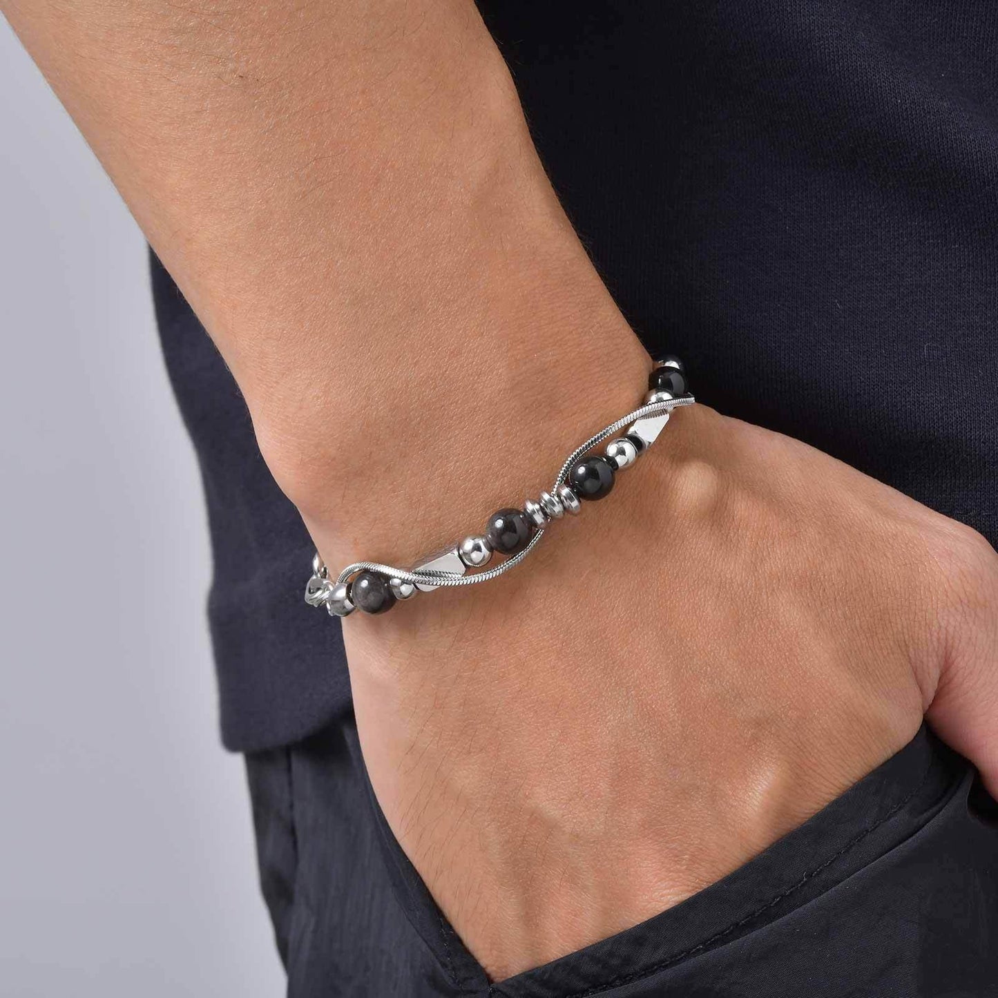 Kemston Stone Bead Bracelet for Men Stainless Steel Layered Design BR-2935