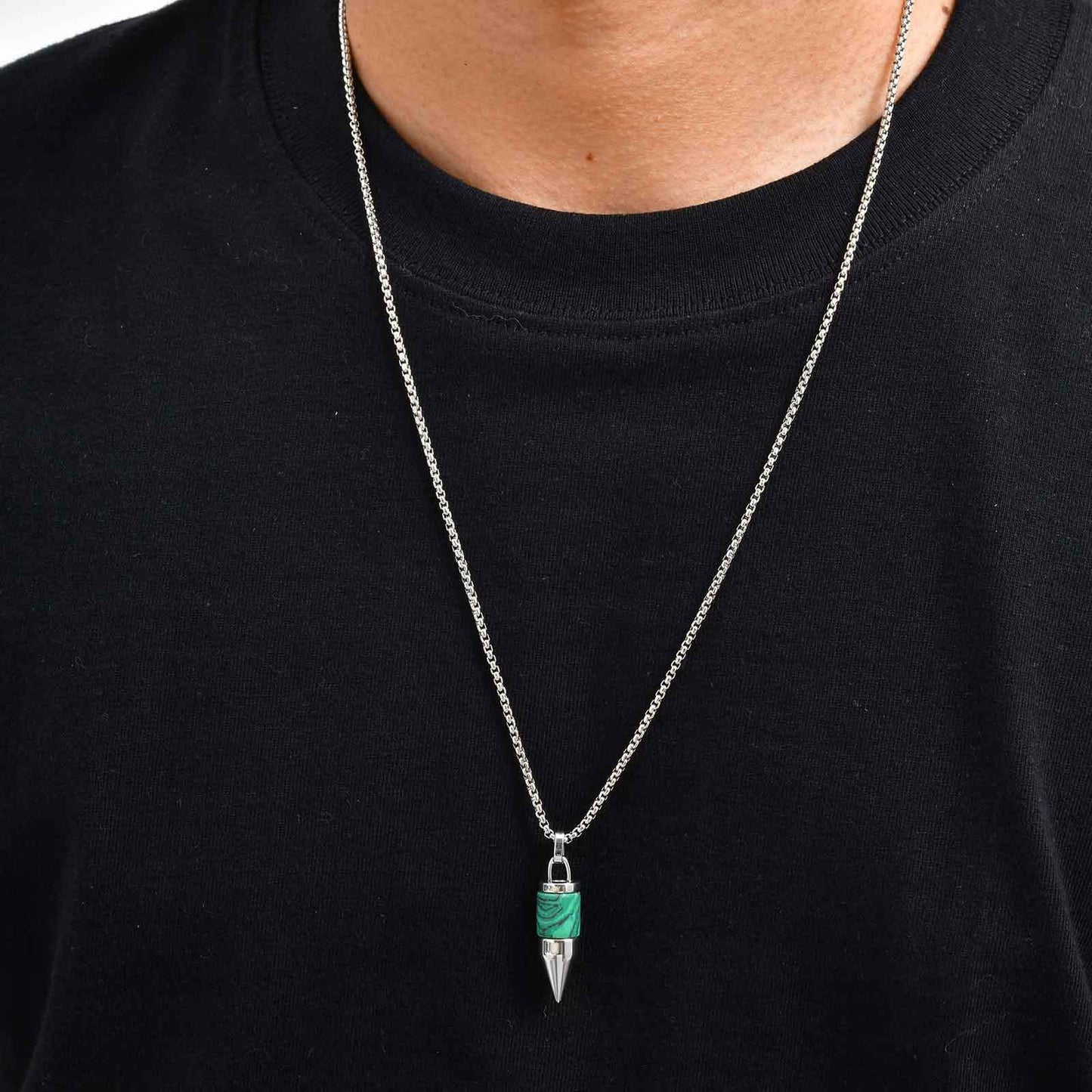 Kemstone Stainless Steel Cylinder Pendant Necklace – Stone Inlay Style for Men PN-2228