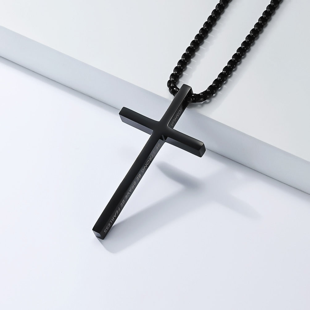 Kemstone Stainless Steel Engraved Cross Pendant Necklace for Men Minimalist Bar Chain K-PT670