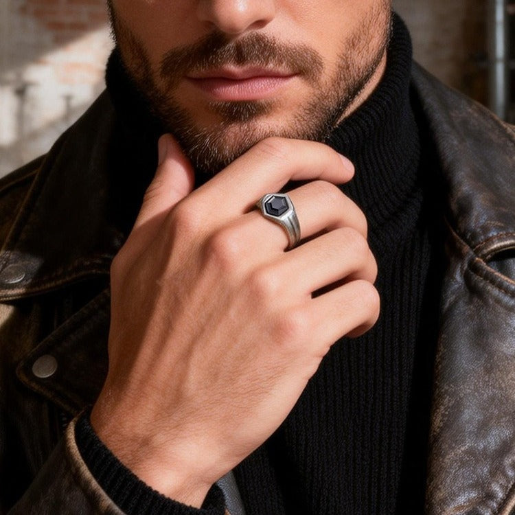 Kemstone Stainless Steel Hexagon Black Zircon Ring for Men RC-985