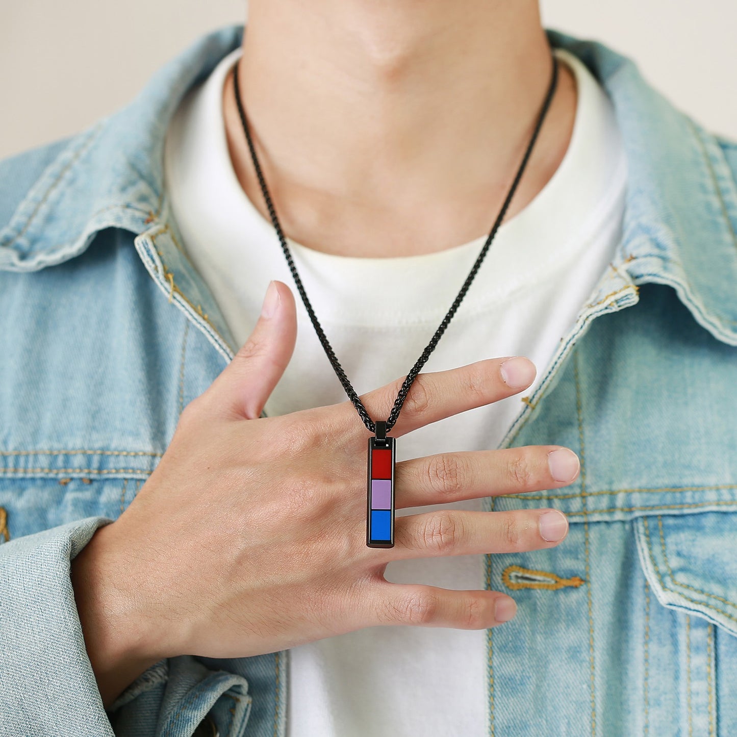 Kemstone Color Block Bar Pendant Necklace Stainless Steel Rectangle Design for Men PPN-004