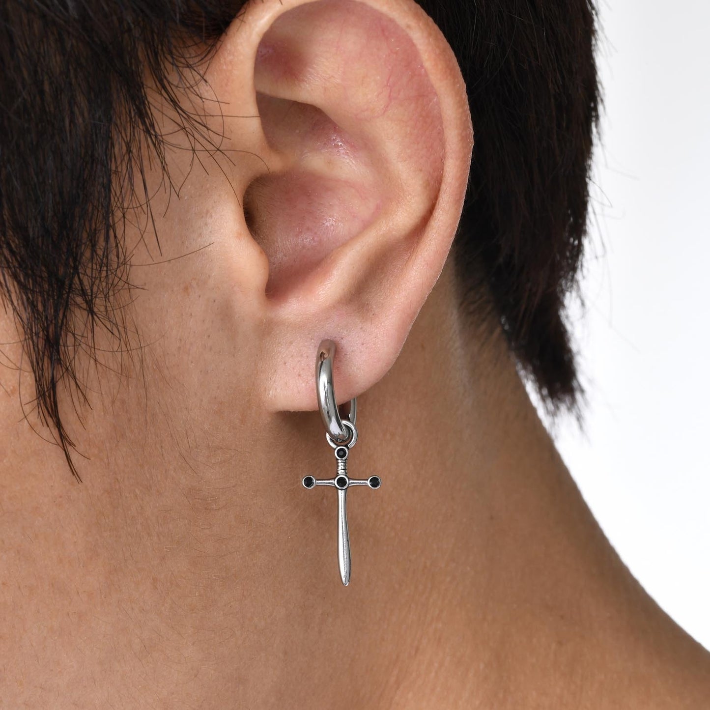 Men's Gothic Cross Hoop Earring – Stainless Steel Sword & Spear Designs ED-684