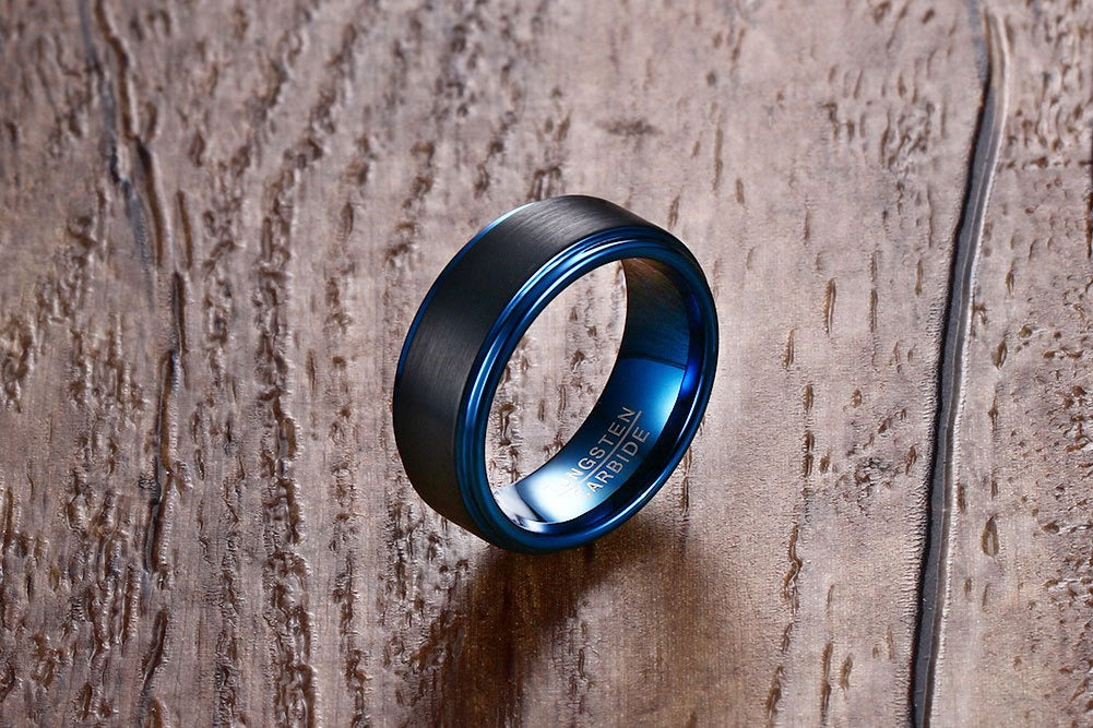 Kemstone Tungsten Steel Ring for Men - Modern Matte Black/Steel Blue/Satin Grey Unisex Minimalist Band | Durable Scratch-Resistant Jewelry  TCR-015