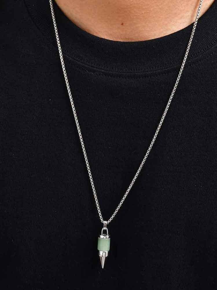 Kemstone Stainless Steel Cylinder Pendant Necklace – Stone Inlay Style for Men PN-2228