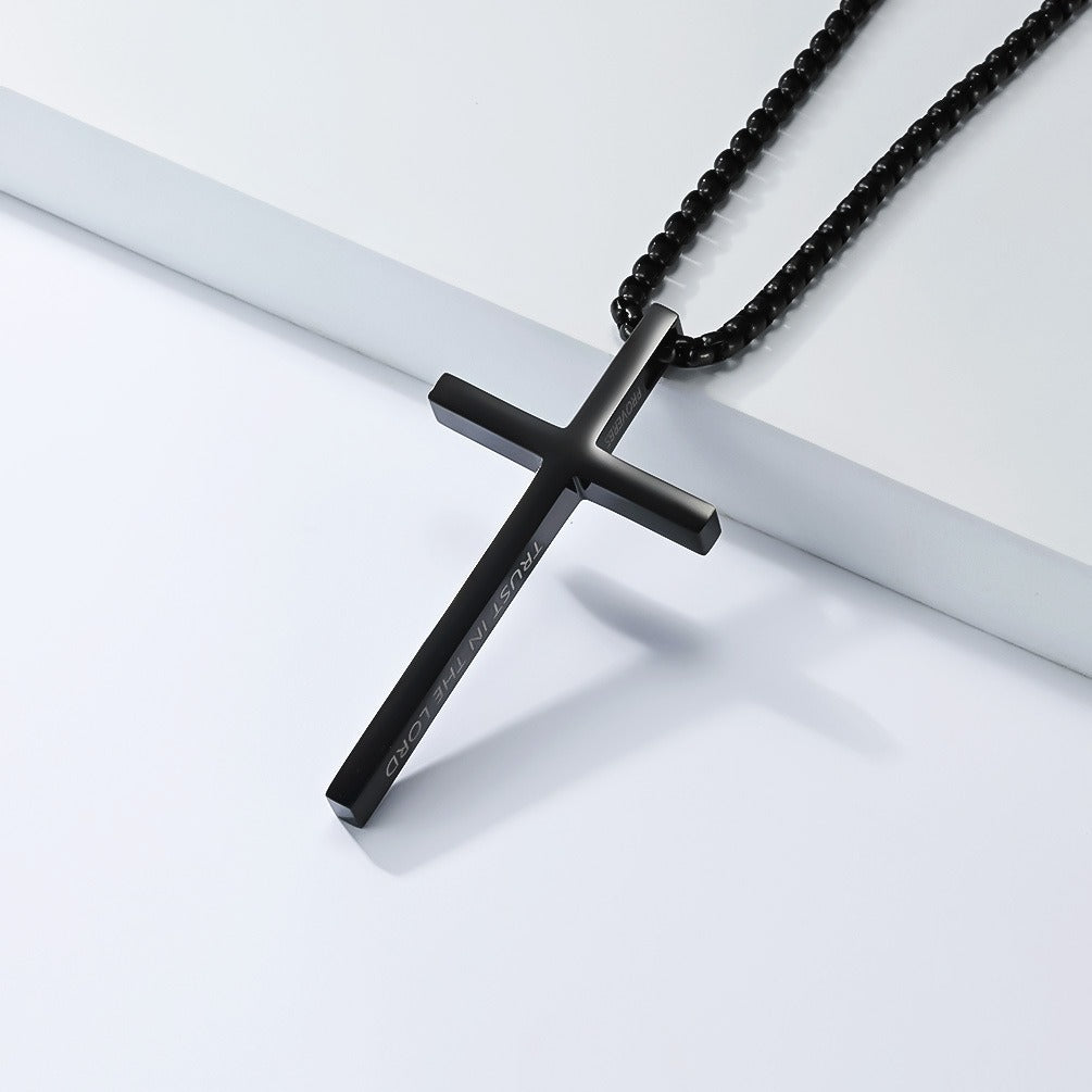 Kemstone Stainless Steel Engraved Cross Pendant Necklace for Men Minimalist Bar Chain K-PT670