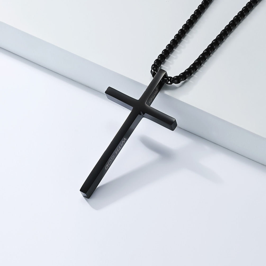 Kemstone Stainless Steel Engraved Cross Pendant Necklace for Men Minimalist Bar Chain K-PT670
