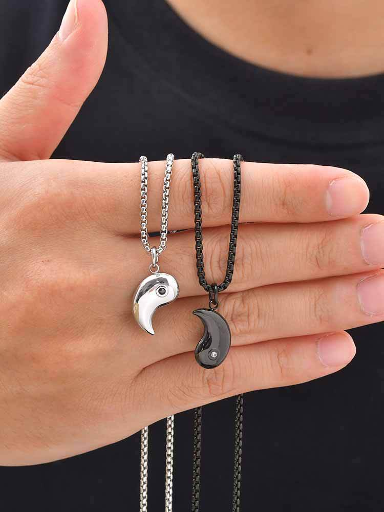 Kemstone Stainless Steel Bagua Yin Yang Cubic Zirconia Pendant Necklace for Men Women Black Silver Geometry CN-154