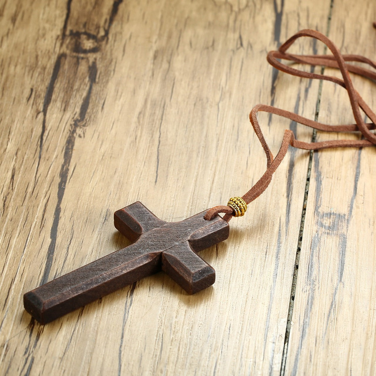 Kemston Wooden Cross Pendant Necklace for Men Adjustable Cord PN-1278