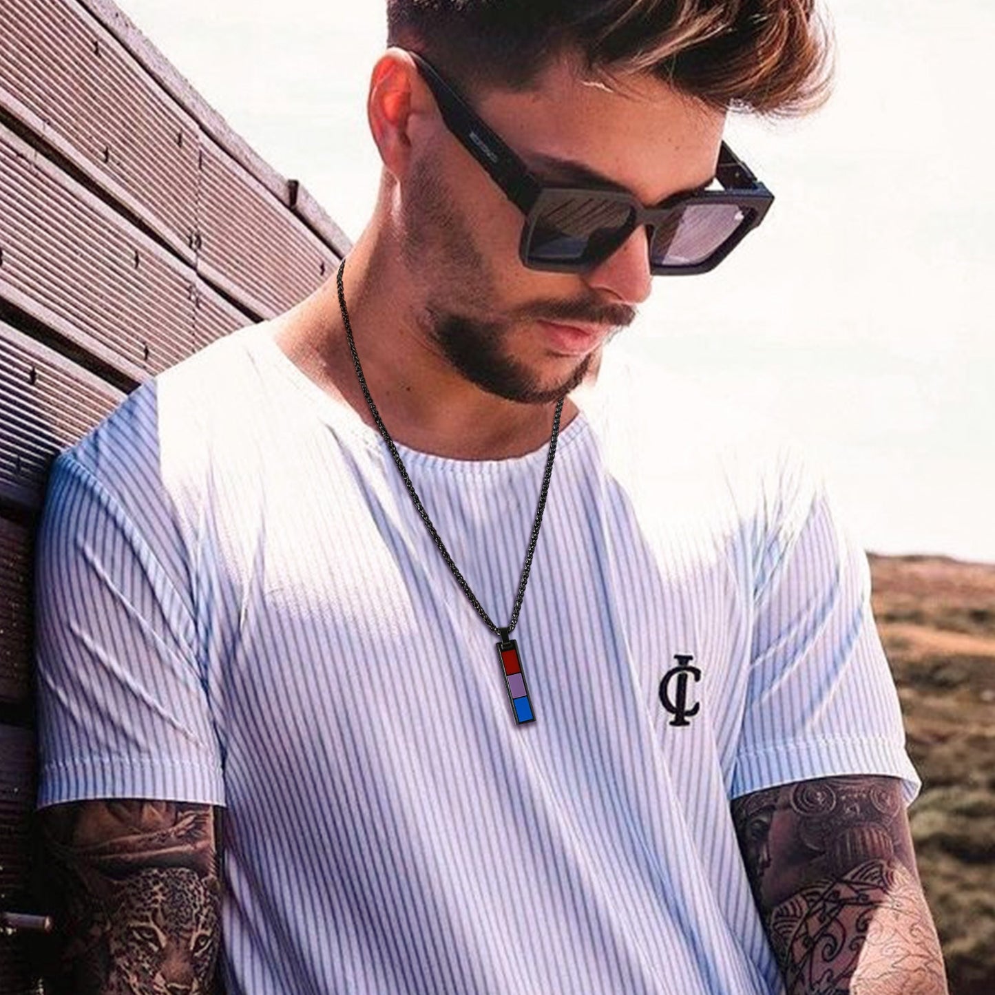 Kemstone Color Block Bar Pendant Necklace Stainless Steel Rectangle Design for Men PPN-004